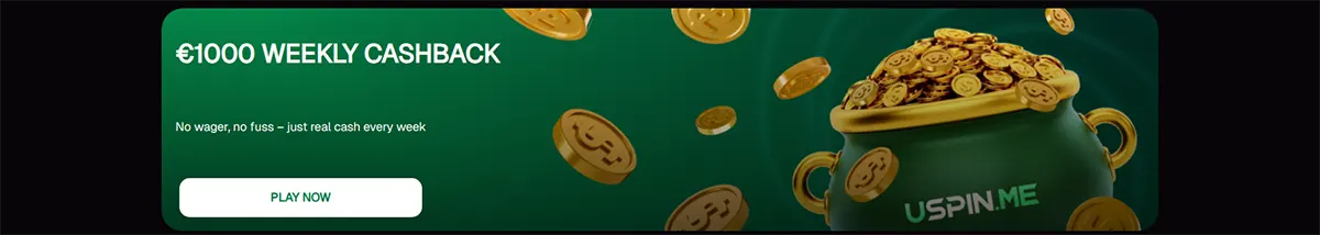 Casino promotional banner advertising €1000 weekly cashback with no wagering requirements, featuring floating coins, a coin-filled pot graphic, and a “Play Now” call-to-action button