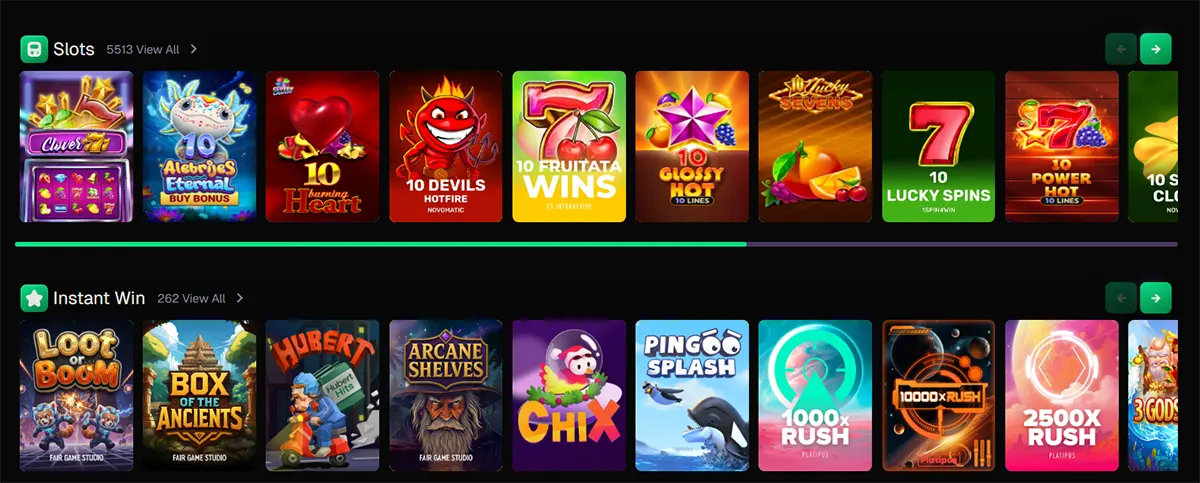 Casino homepage section showing two horizontal game carousels: “Slots” with various slot titles and “Instant Win” with quick-play games, each featuring colorful thumbnails and navigation arrows for browsing