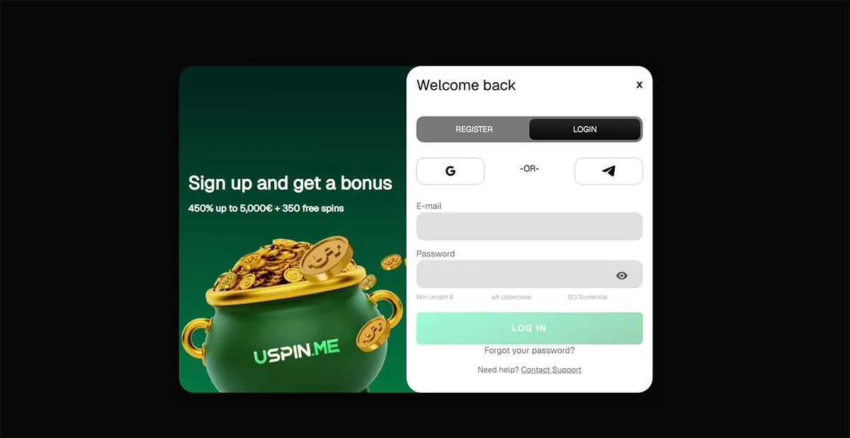 Casino login pop-up with email and password fields, social login options, and a “Log In” button, displayed alongside a promotional banner offering 450% up to €5,000 + 350 free spins with a coin-filled pot graphic
